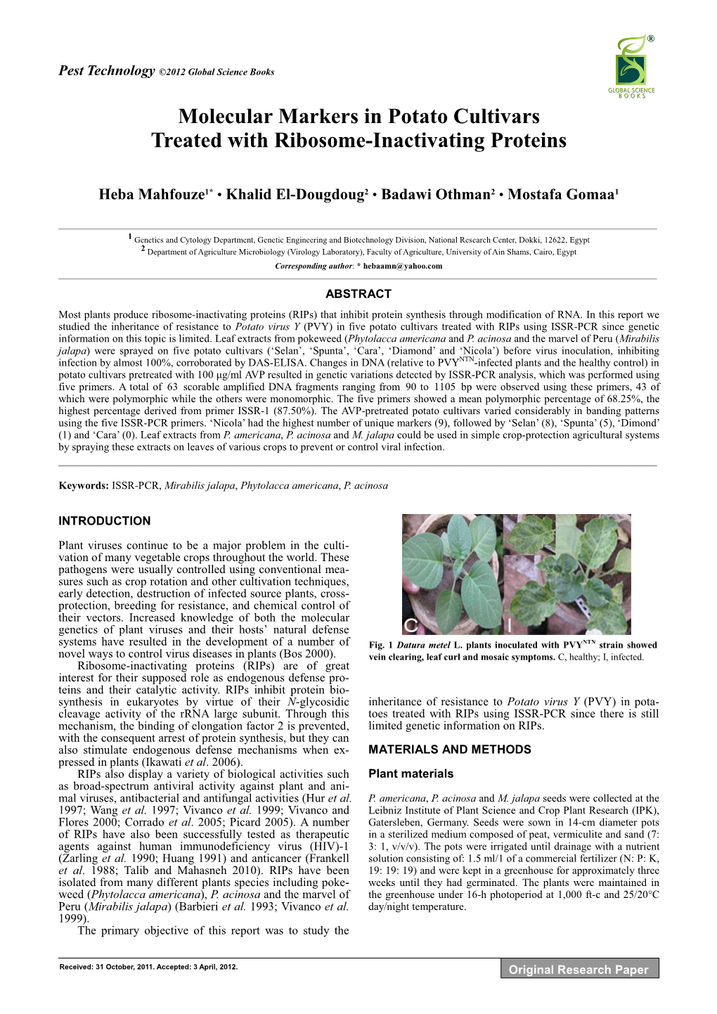 Molecular Markers in Potato Cultivars Treated with Ribosome-Inactivating Proteins