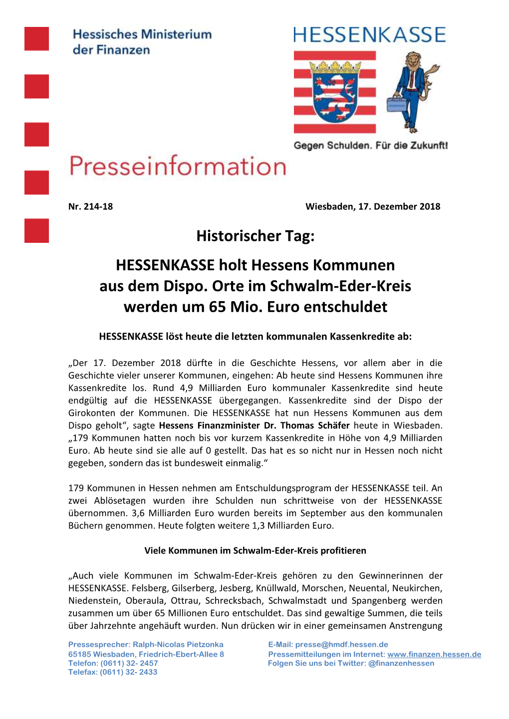 Historischer Tag: HESSENKASSE Holt Hessens Kommunen Aus Dem