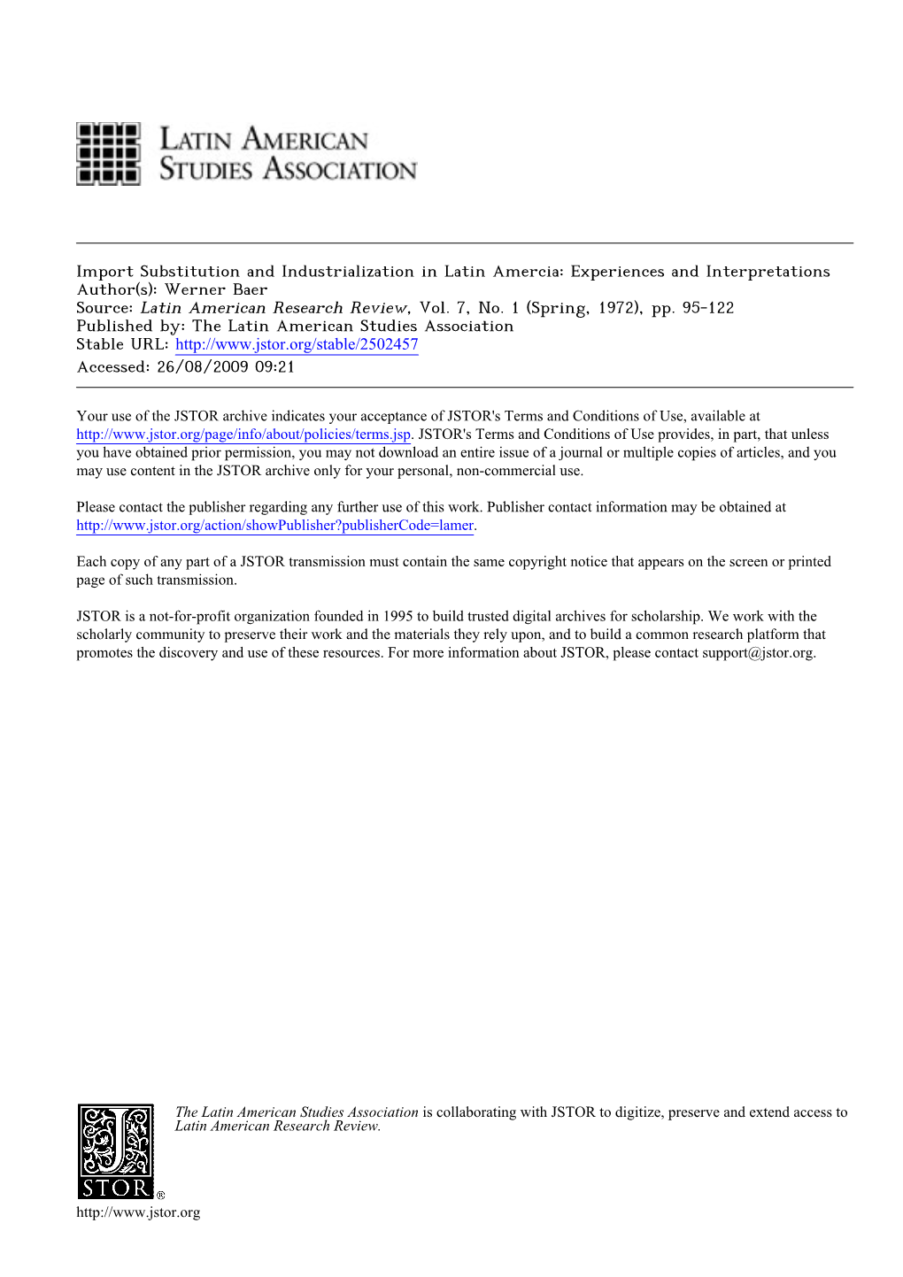 Import Substitution and Industrialization in Latin Amercia: Experiences and Interpretations Author(S): Werner Baer Source: Latin American Research Review, Vol