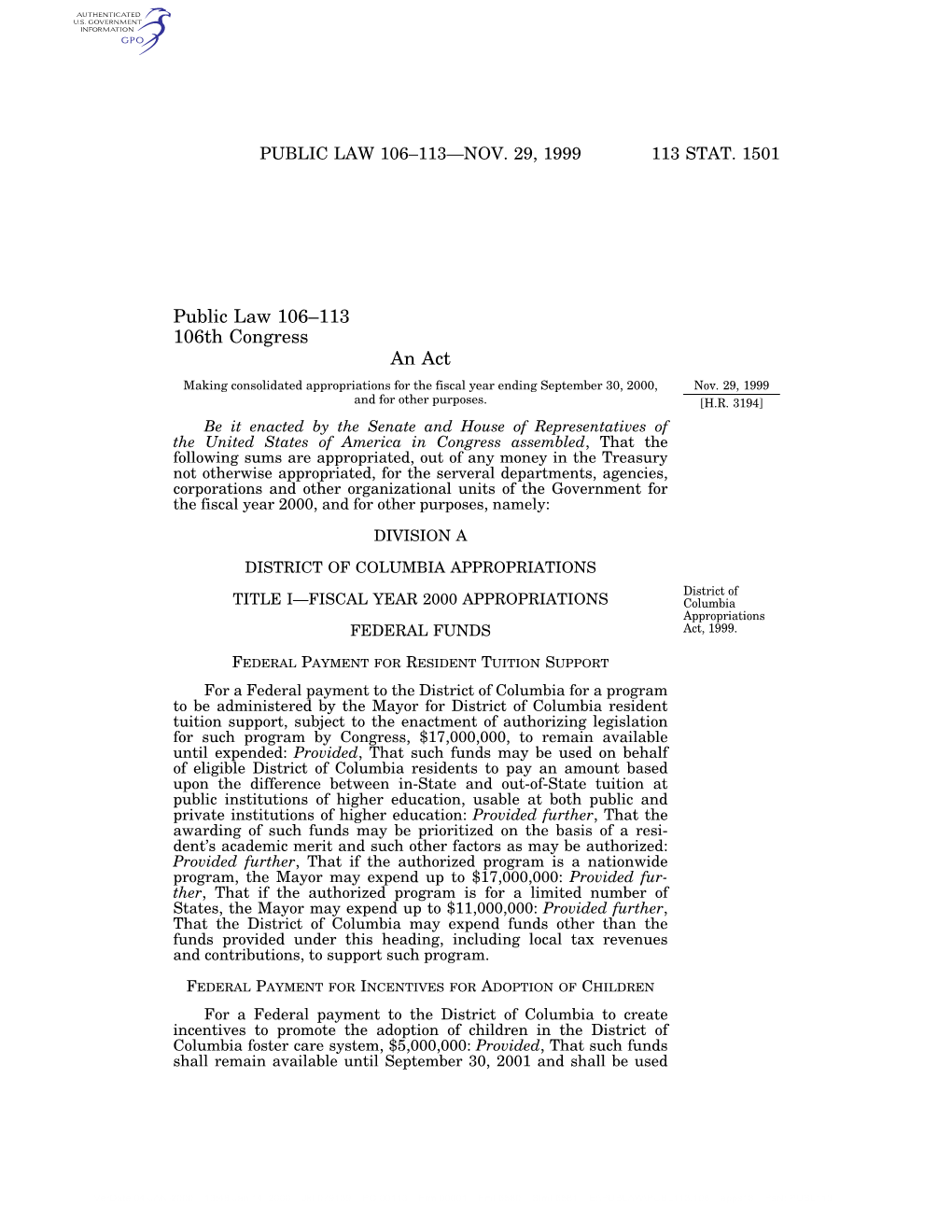 113 Stat. 1501 Public Law 106–113—Nov. 29, 1999