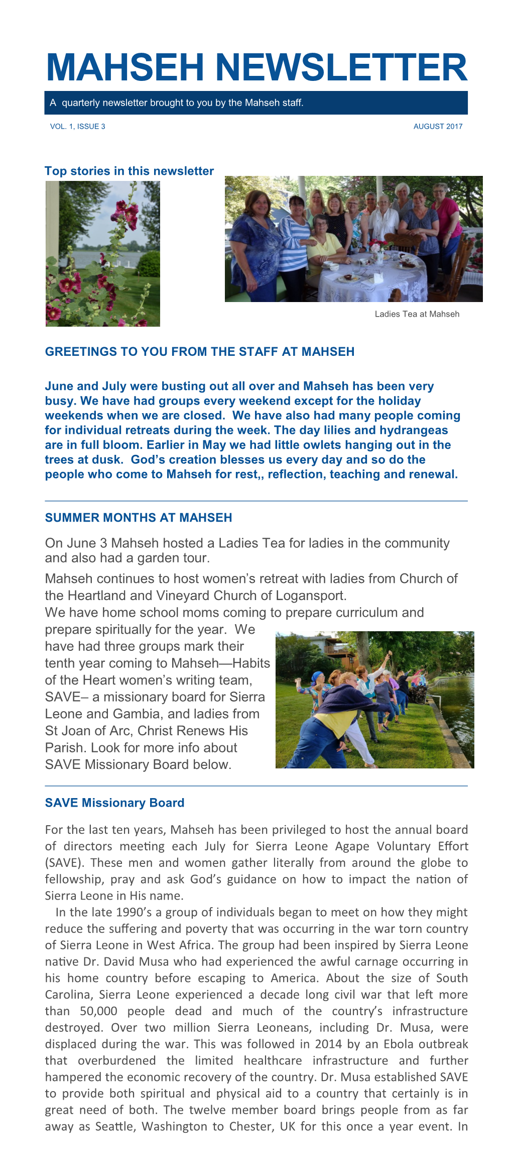 MAHSEH NEWSLETTER a Quarterly Newsletter Brought to You by the Mahseh Staff