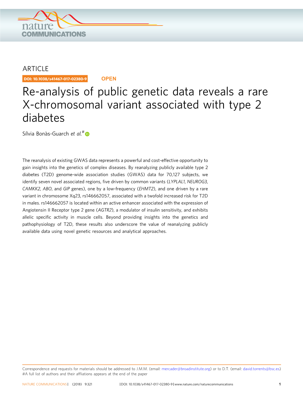 Re-Analysis of Public Genetic Data Reveals a Rare X-Chromosomal Variant Associated with Type 2 Diabetes