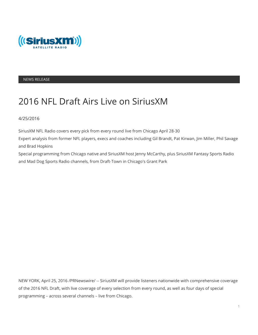 2016 NFL Draft Airs Live on Siriusxm