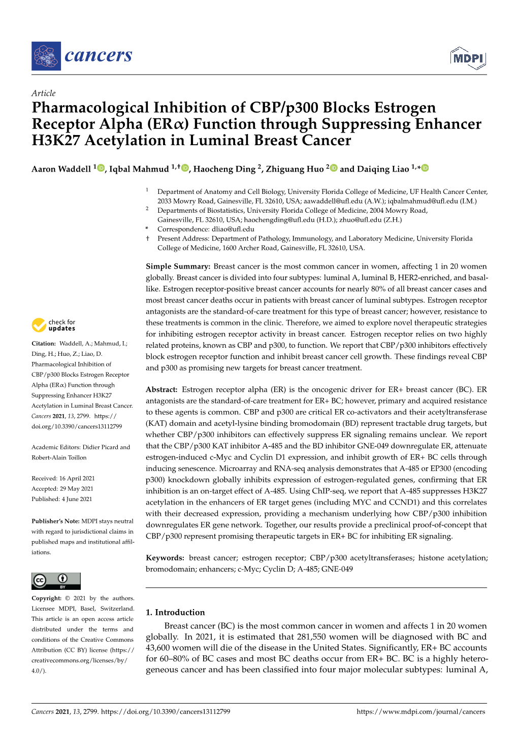 Pharmacological Inhibition of CBP/P300 Blocks Estrogen Receptor Alpha (Erα) Function Through Suppressing Enhancer H3K27 Acetylation in Luminal Breast Cancer