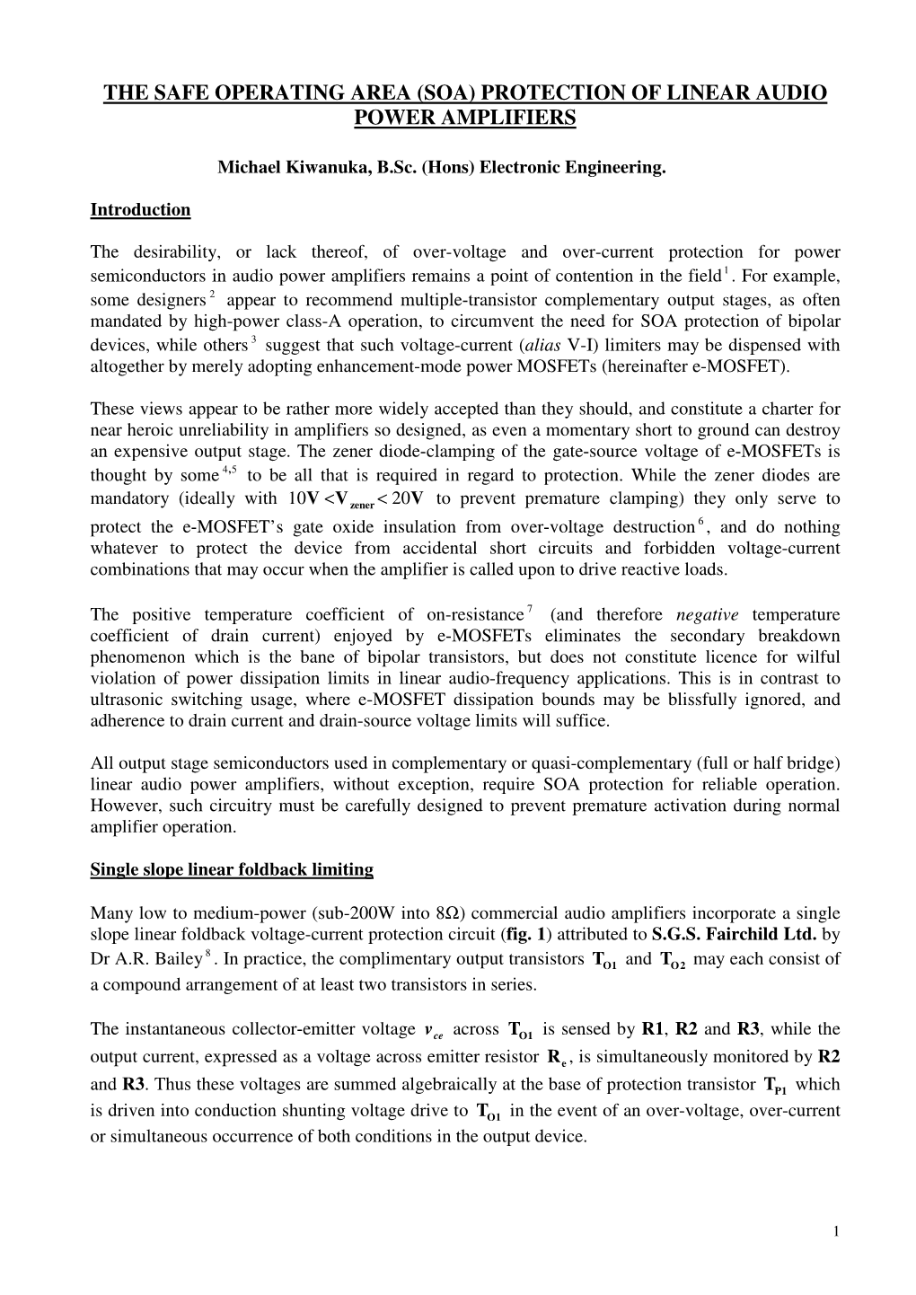 The Safe Operating Area (Soa) Protection of Linear Audio Power Amplifiers