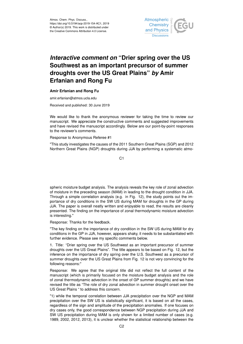 Drier Spring Over the US Southwest As an Important Precursor of Summer Droughts Over the US Great Plains” by Amir Erfanian and Rong Fu