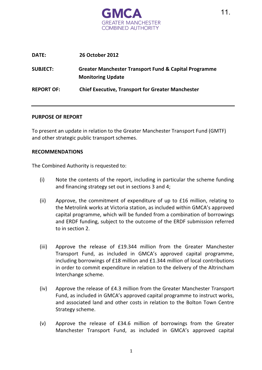 Greater Manchester Transport Fund & Capital Programme