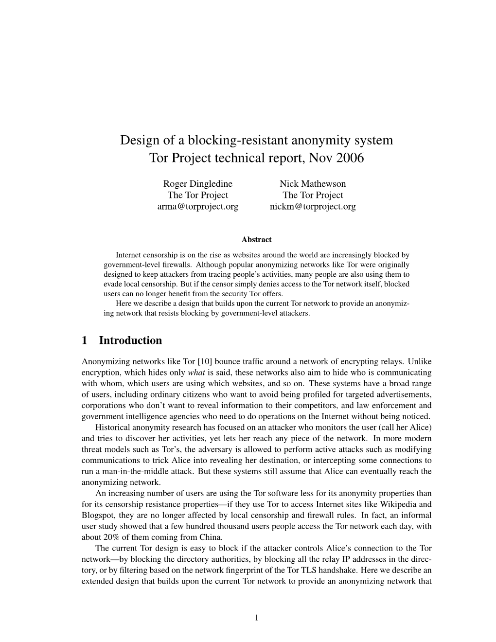 Design of a Blocking-Resistant Anonymity System Tor Project Technical Report, Nov 2006