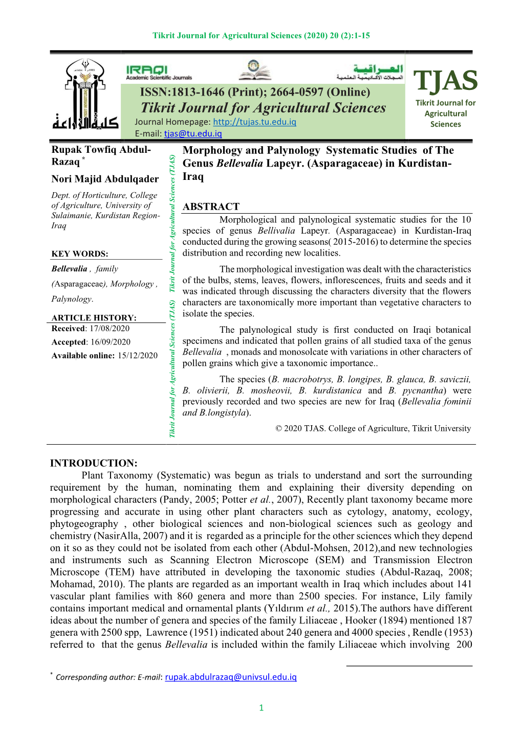 Tikrit Journal for Agricultural Sciences (2020) 20 (2):1-15