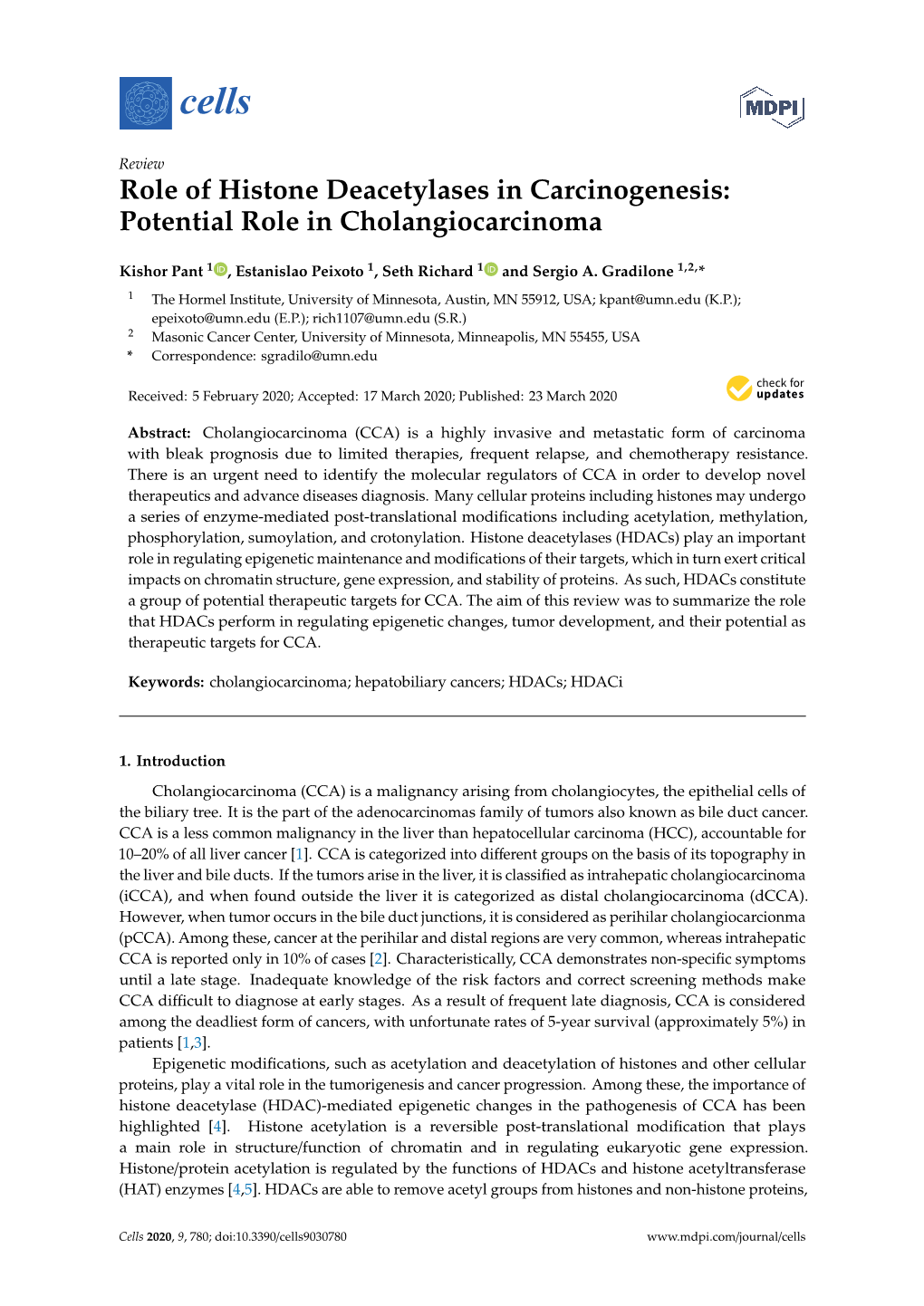 Role of Histone Deacetylases in Carcinogenesis: Potential Role in Cholangiocarcinoma