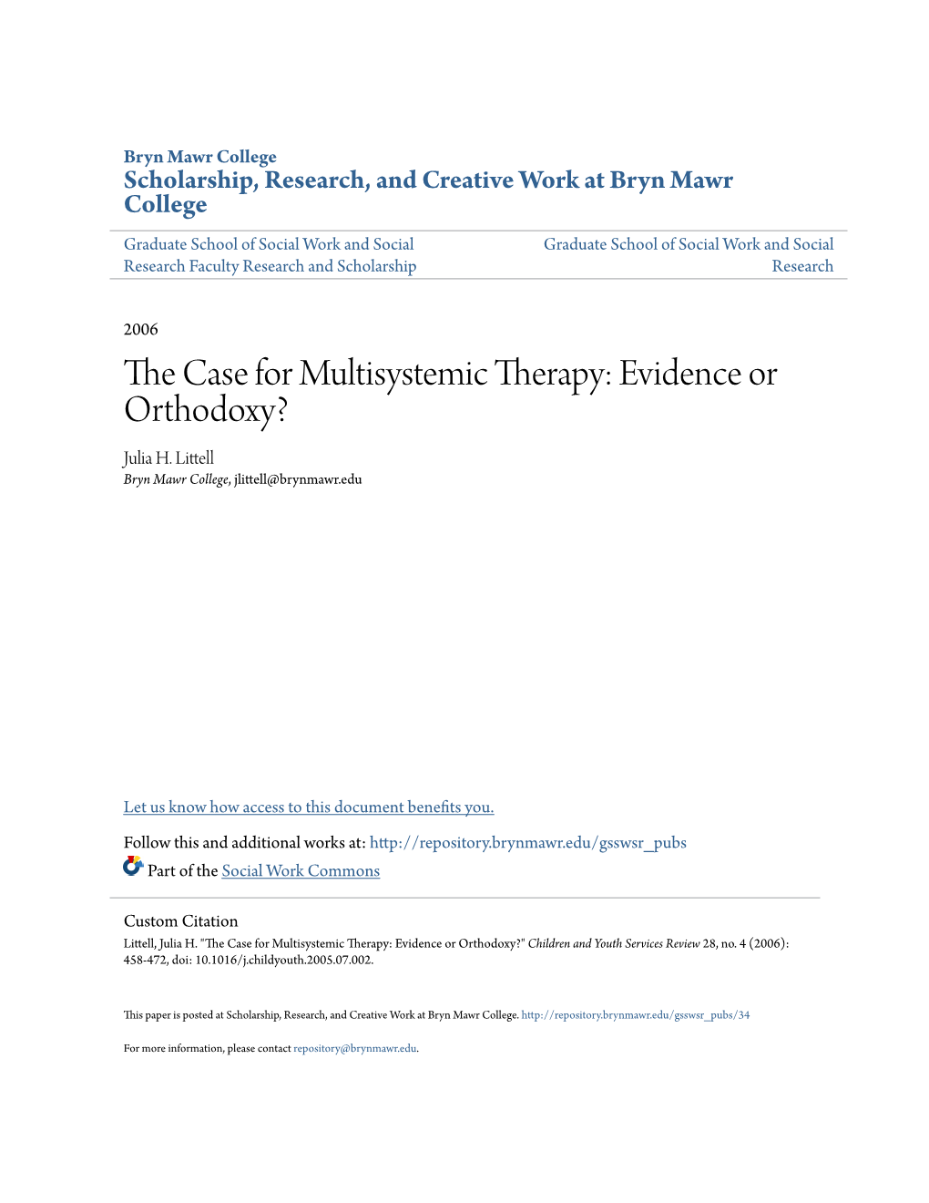 The Case for Multisystemic Therapy: Evidence Or Orthodoxy?