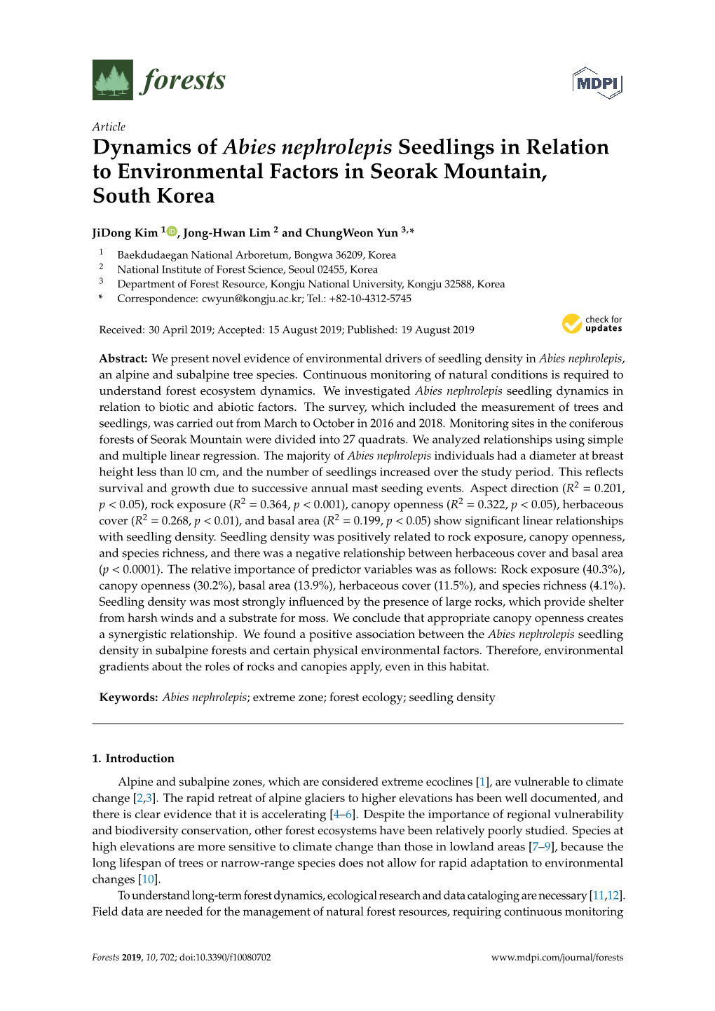 Dynamics of Abies Nephrolepis Seedlings in Relation to Environmental Factors in Seorak Mountain, South Korea