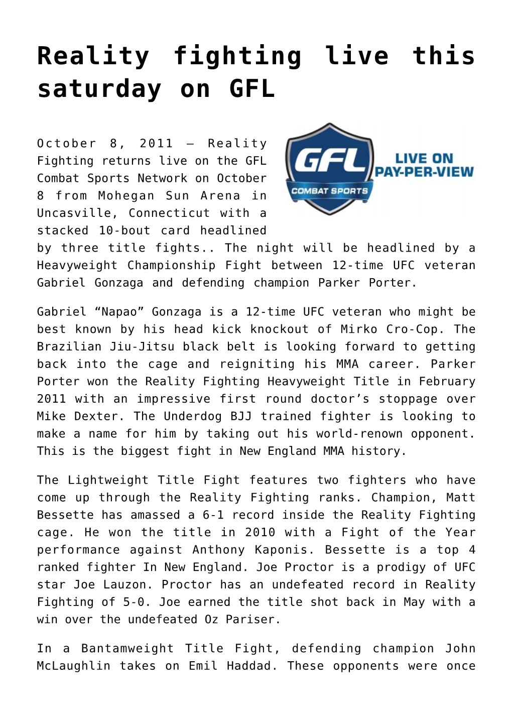 Reality Fighting Live This Saturday on GFL