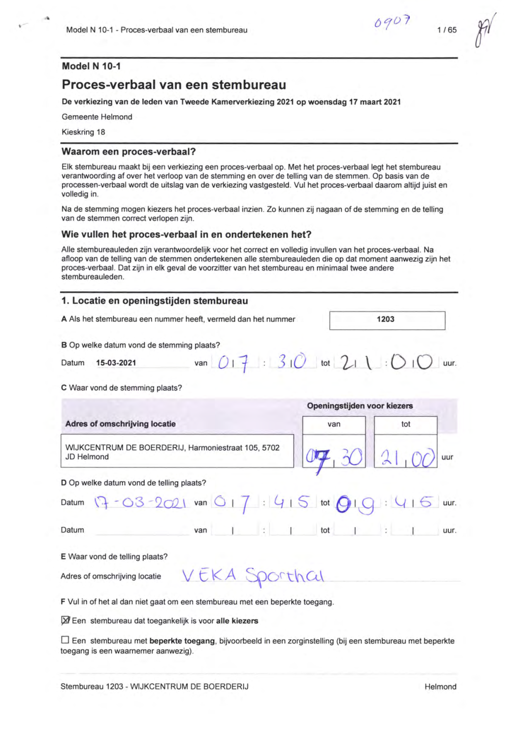 Proces-Verbaal Van Een Stembureau 1 / 65