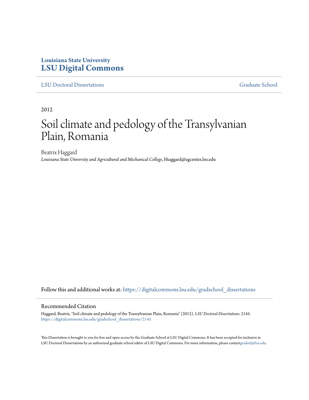 Soil Climate and Pedology of the Transylvanian Plain, Romania