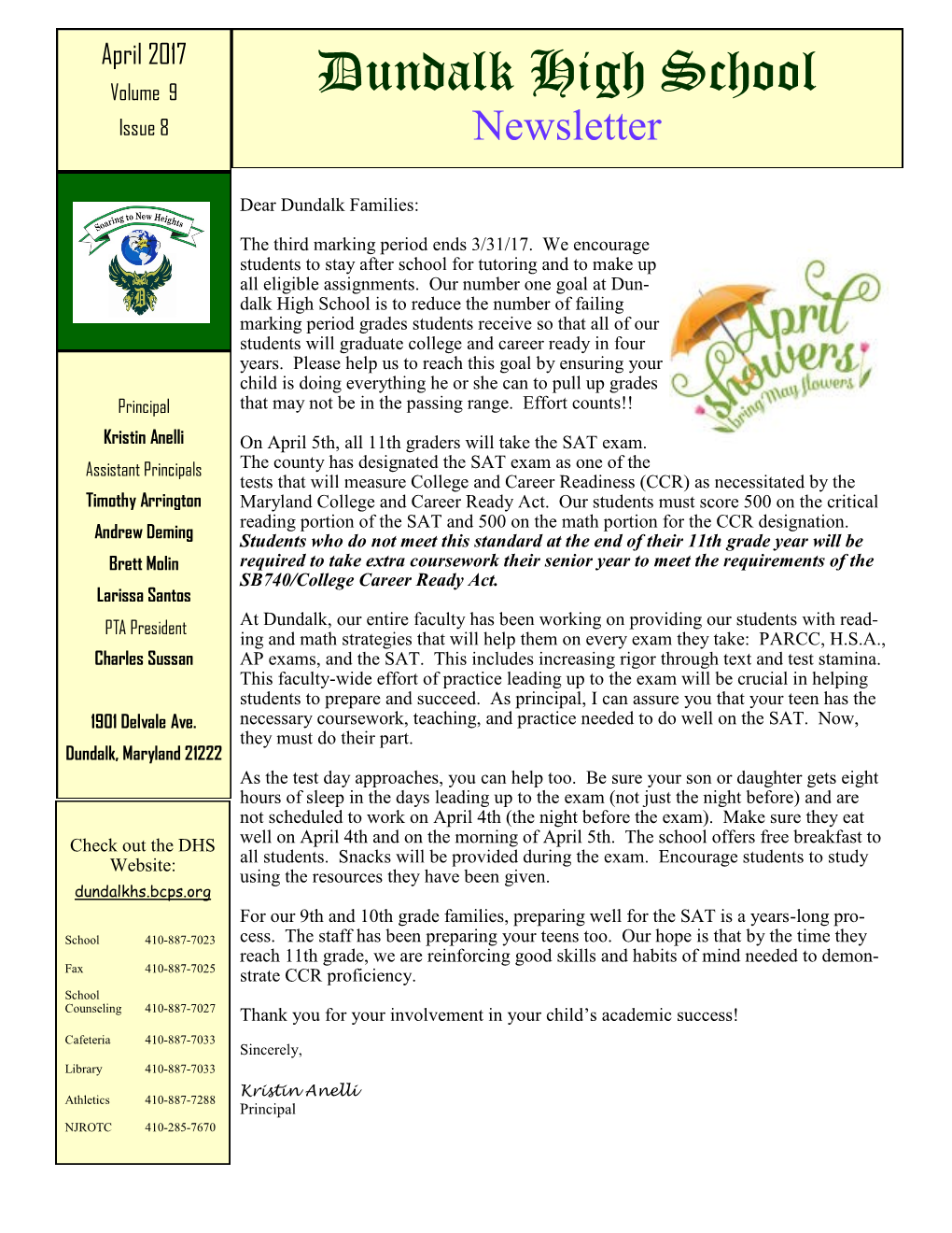 April 2017 Volume 9 Dundalk High School Issue 8 Newsletter