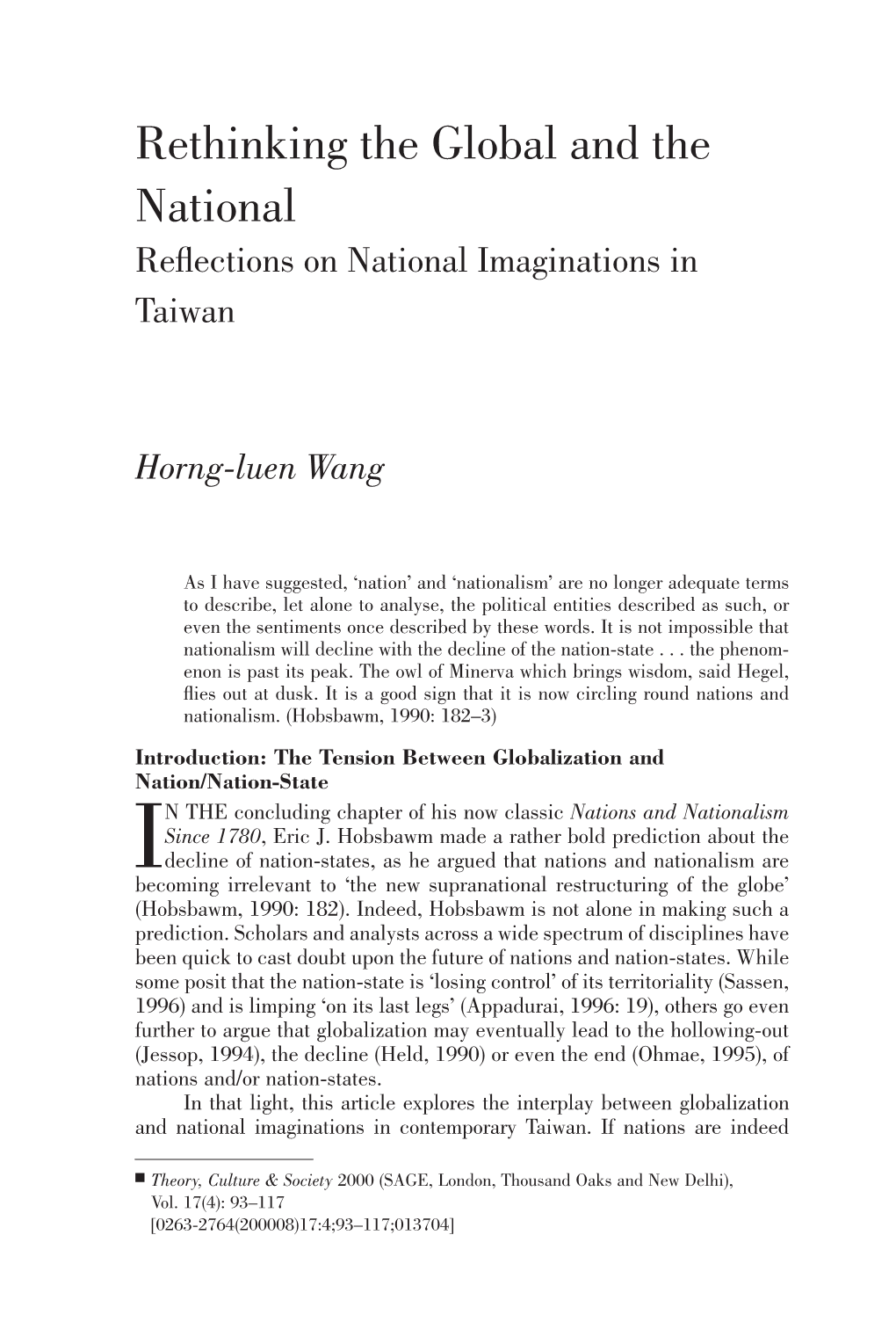 Rethinking the Global and the National Reﬂections on National Imaginations in Taiwan