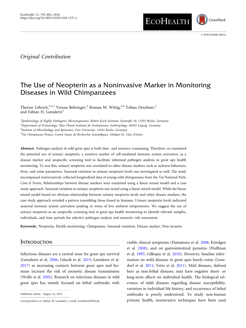 The Use of Neopterin As a Noninvasive Marker in Monitoring Diseases in Wild Chimpanzees