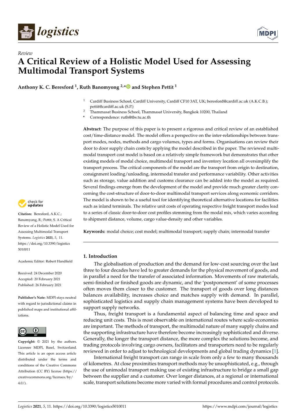 A Critical Review of a Holistic Model Used for Assessing Multimodal Transport Systems