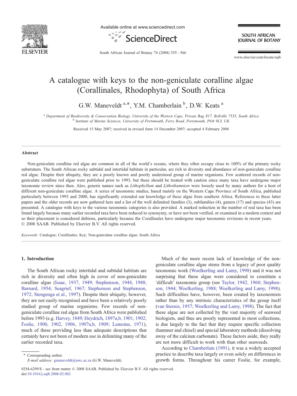 A Catalogue with Keys to the Non-Geniculate Coralline Algae (Corallinales, Rhodophyta) of South Africa ⁎ G.W