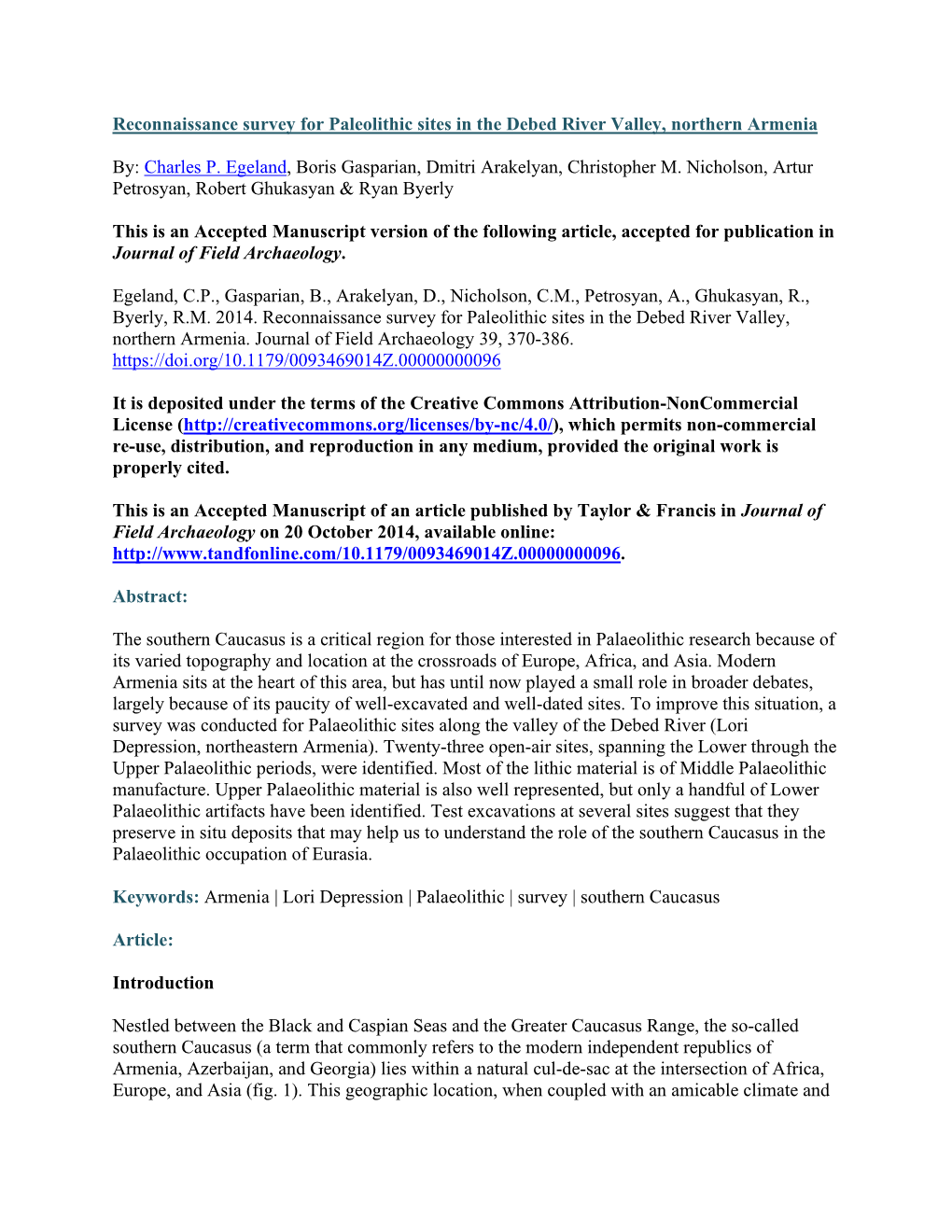 Reconnaissance Survey for Paleolithic Sites in the Debed River Valley, Northern Armenia