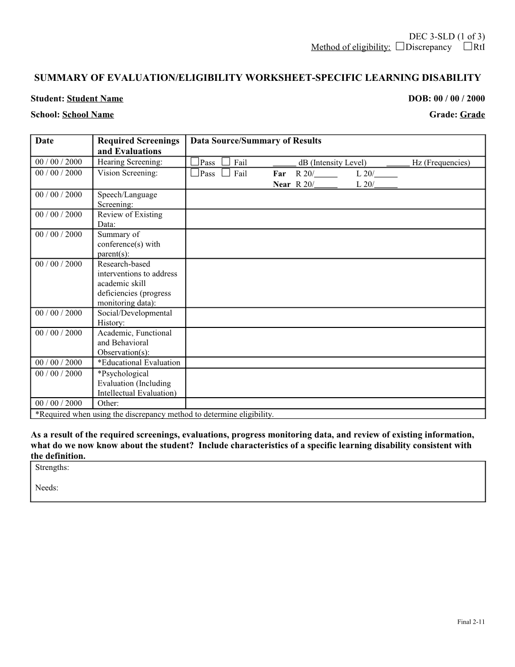 Summary of Evaluation/Eligibility Worksheet-Specific Learning Disability