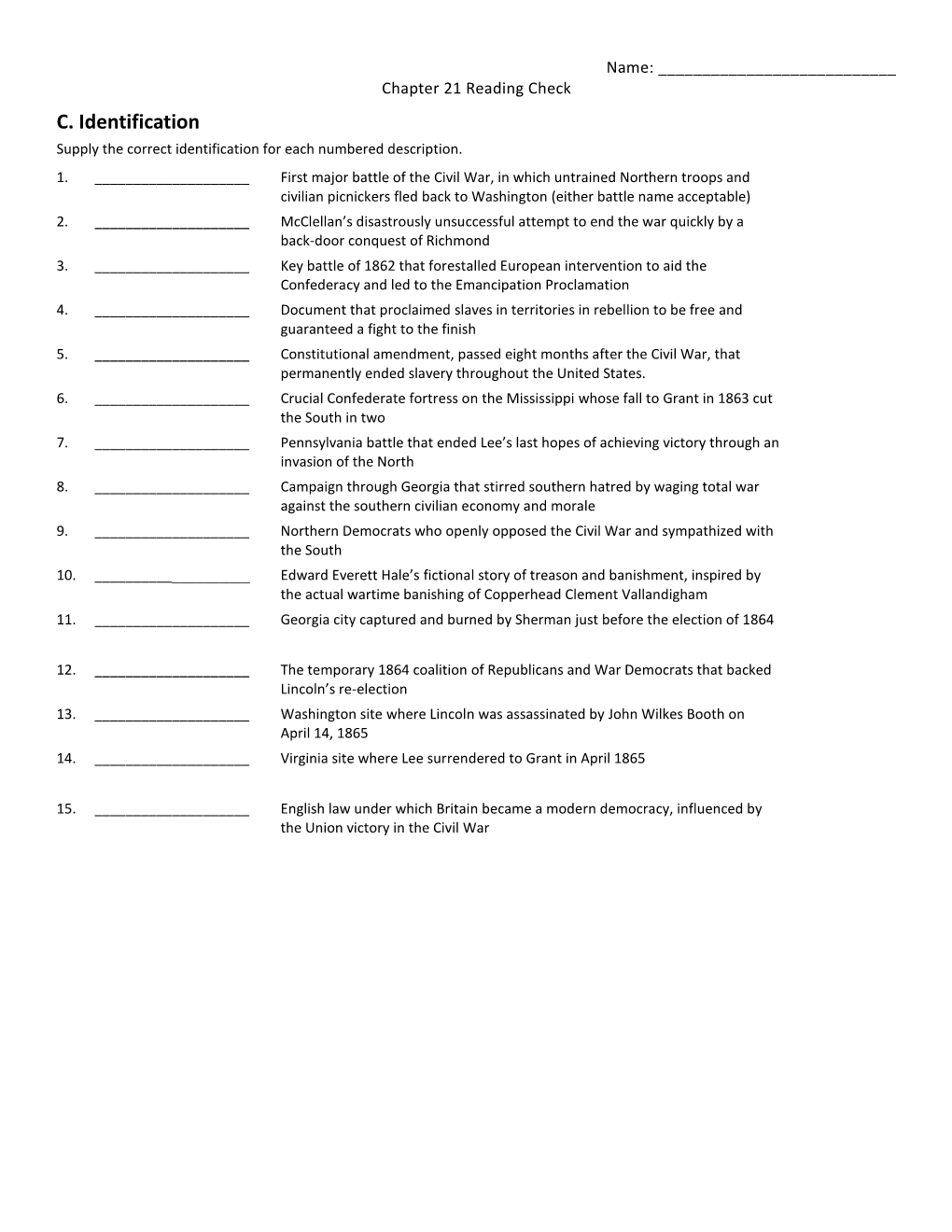 C. Identification Supply the Correct Identification for Each Numbered Description