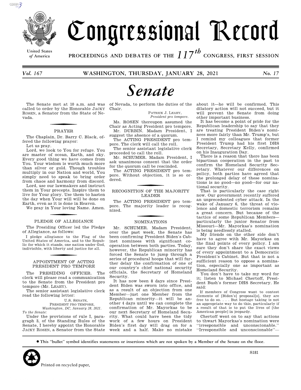 Congressional Record United States Th of America PROCEEDINGS and DEBATES of the 117 CONGRESS, FIRST SESSION