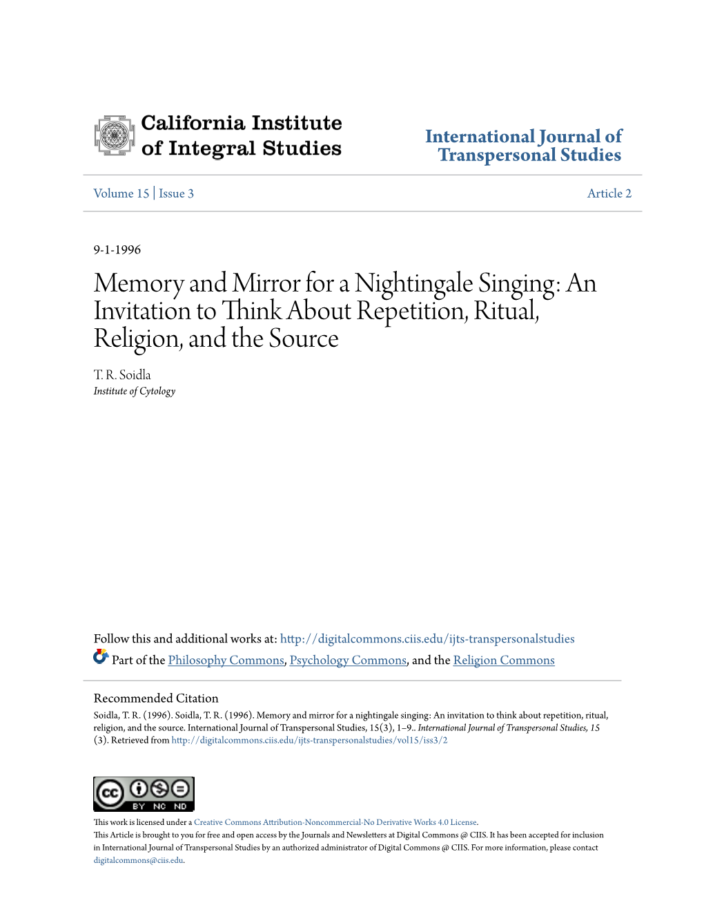 Memory and Mirror for a Nightingale Singing: an Invitation to Think About Repetition, Ritual, Religion, and the Source T