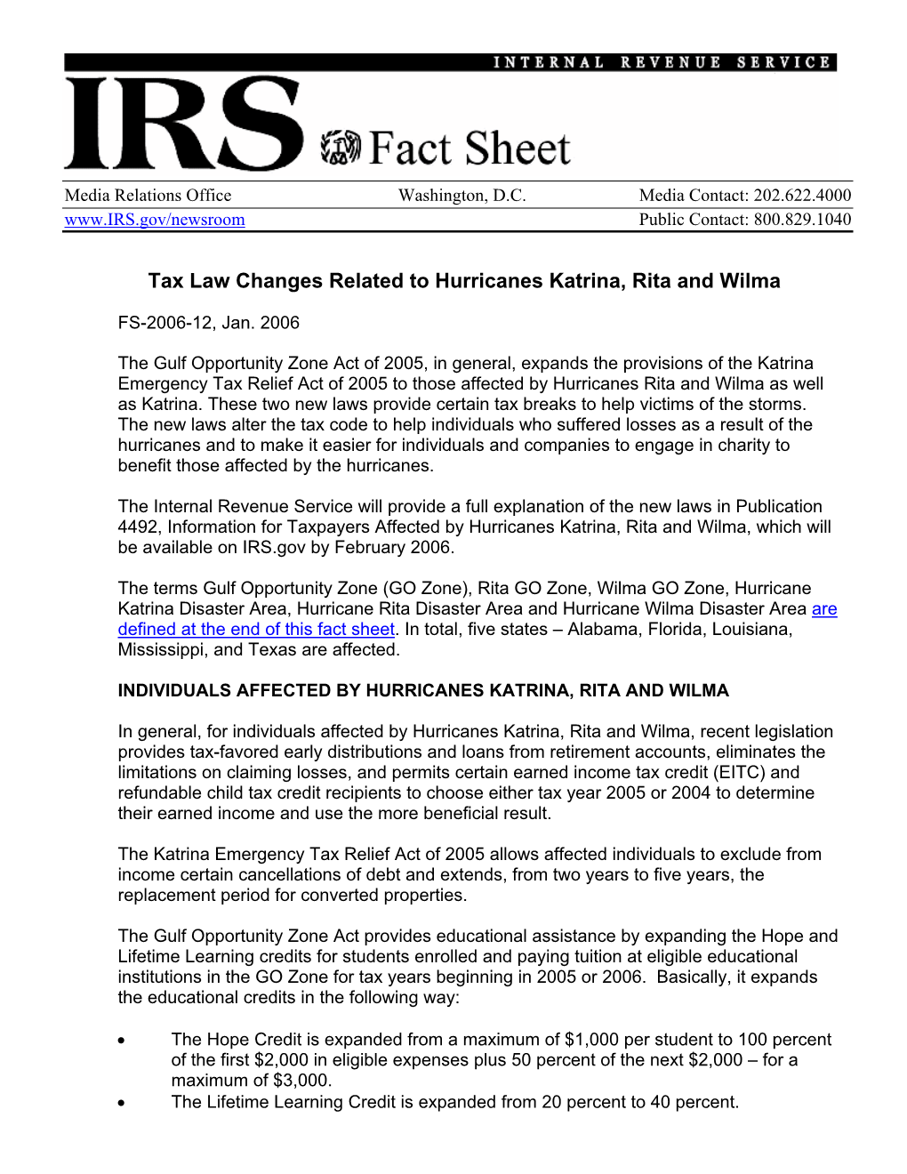 Tax Law Changes Related to Hurricanes Katrina, Rita and Wilma