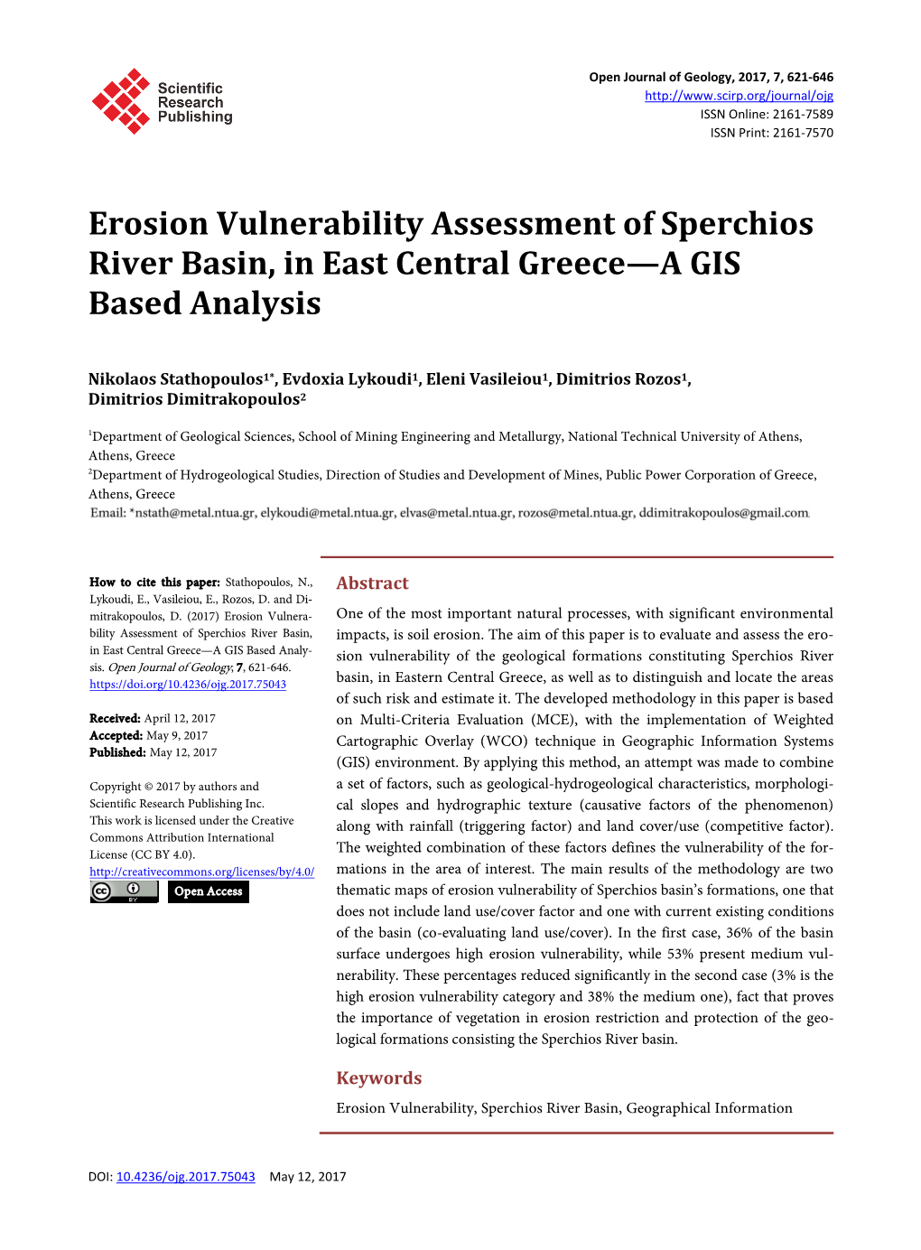 Erosion Vulnerability Assessment of Sperchios River Basin, in East Central Greece—A GIS Based Analysis