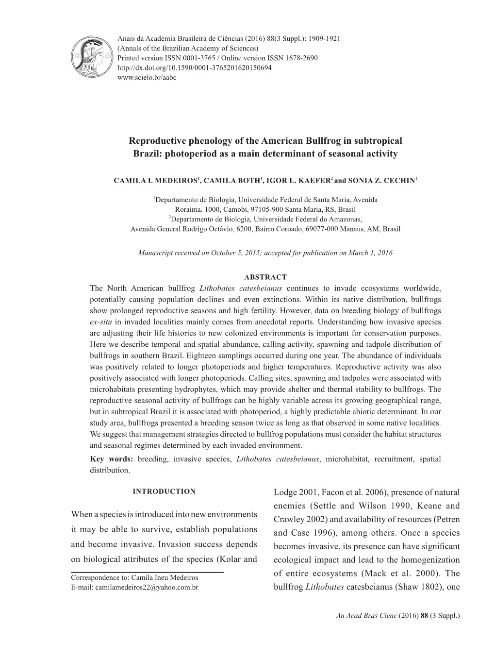 Reproductive Phenology of the American Bullfrog in Subtropical Brazil: Photoperiod As a Main Determinant of Seasonal Activity