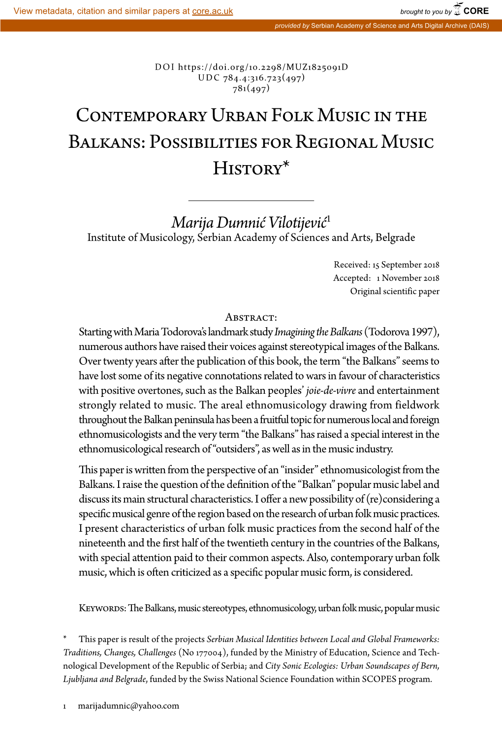 Contemporary Urban Folk Music in the Balkans: Possibilities for Regional Music History*