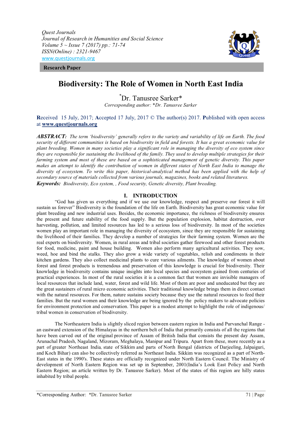 Biodiversity: the Role of Women in North East India