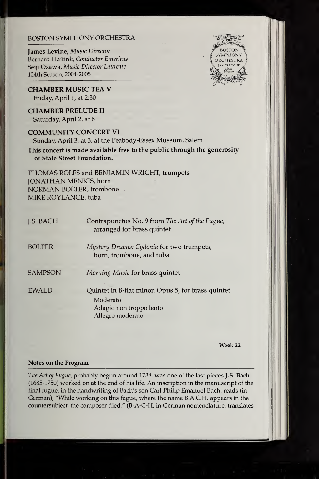 Boston Symphony Orchestra Concert Programs, Season 124, 2004-2005, Subscription, Volume 02