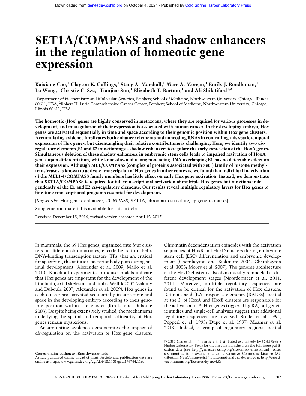 SET1A/COMPASS and Shadow Enhancers in the Regulation of Homeotic Gene Expression