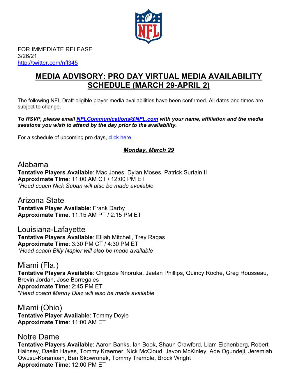 Media Advisory: Pro Day Virtual Media Availability Schedule (March 29-April 2)