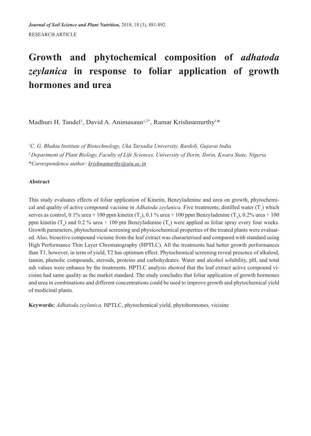 Growth and Phytochemical Composition of Adhatoda Zeylanica in Response to Foliar Application of Growth Hormones and Urea
