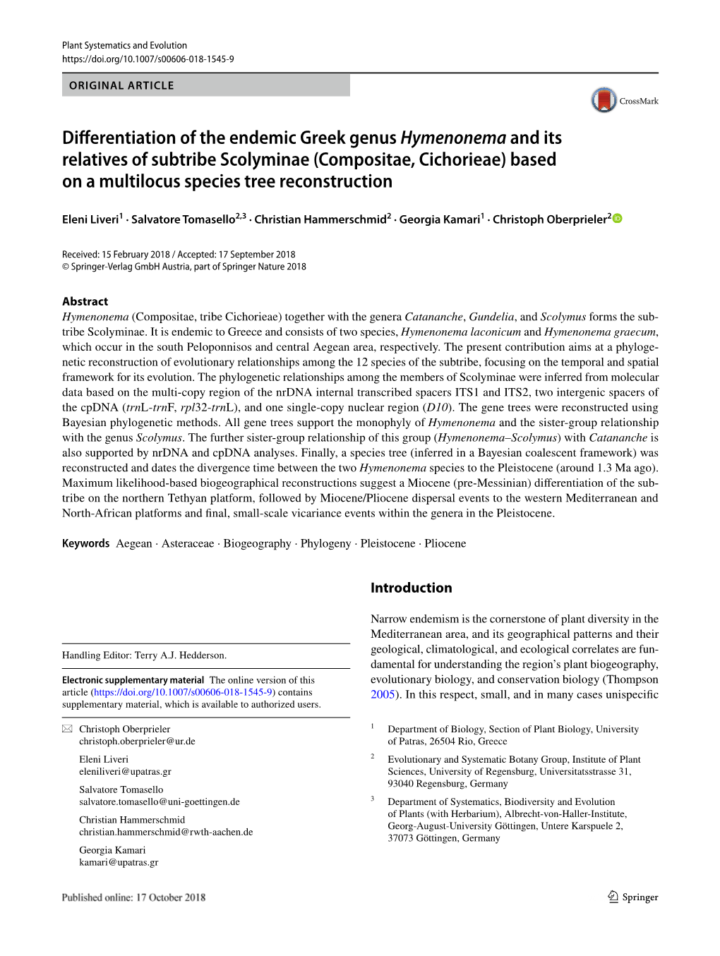 Differentiation of the Endemic Greek Genus Hymenonema and Its