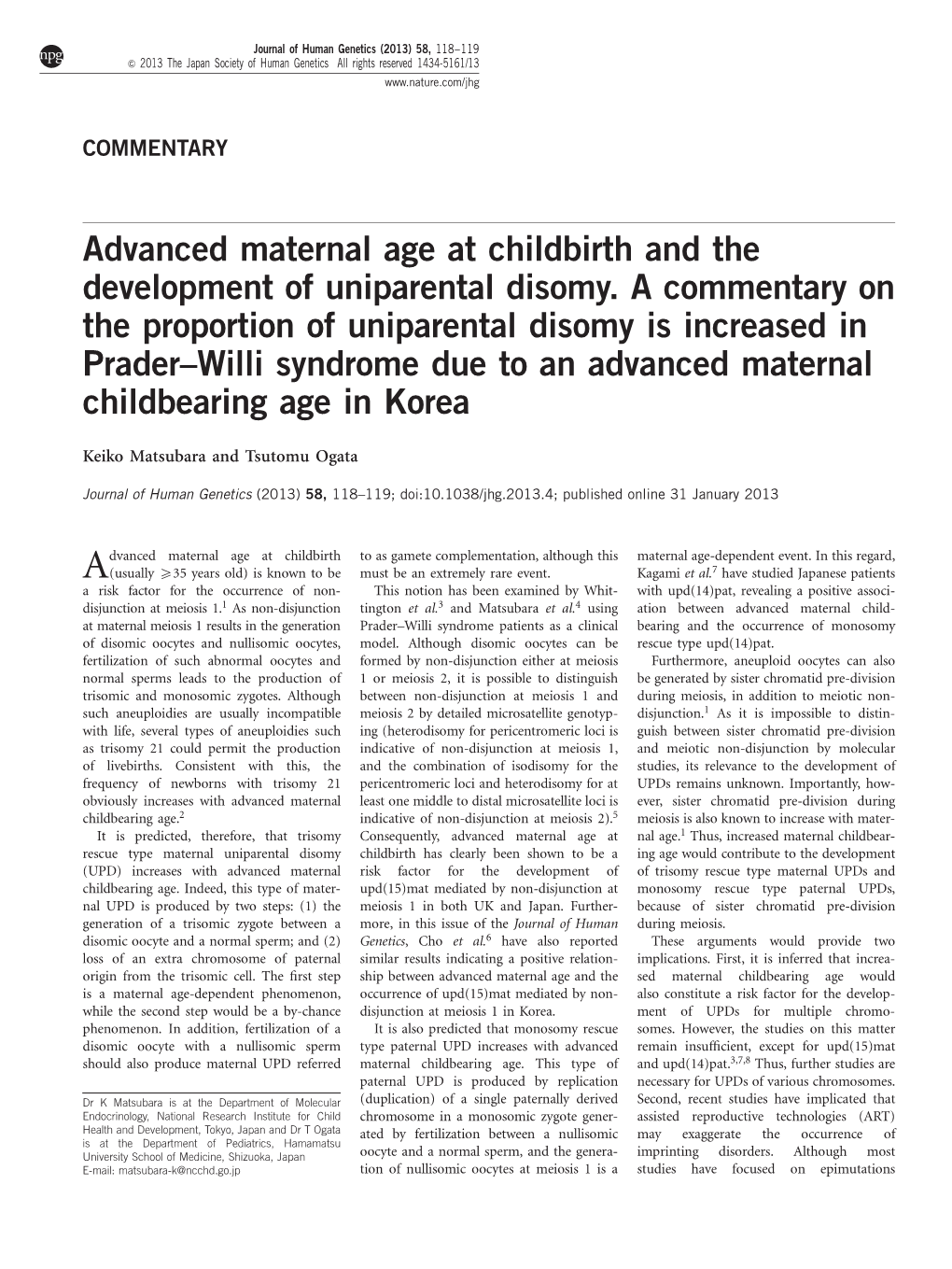 Advanced Maternal Age at Childbirth and the Development of Uniparental Disomy