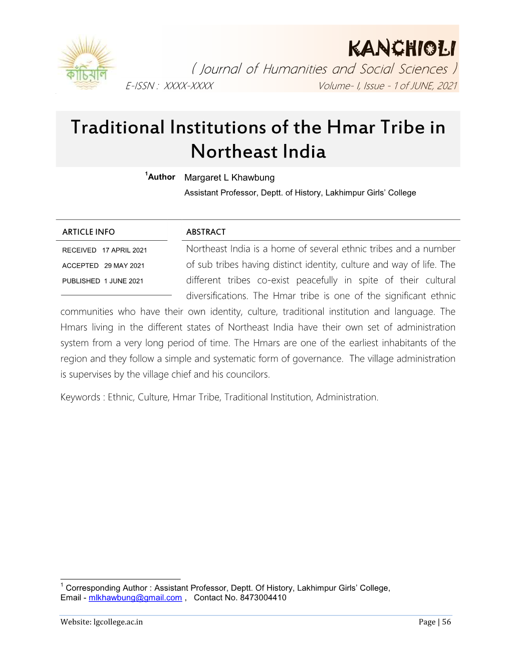 Traditional Institutions of the Hmar Tribe in Northeast India 1Author Margaret L Khawbung Assistant Professor, Deptt