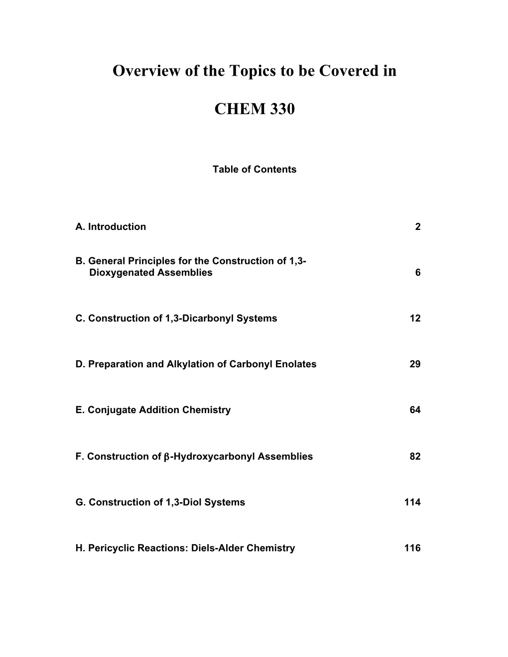 Overview of the Topics to Be Covered in CHEM