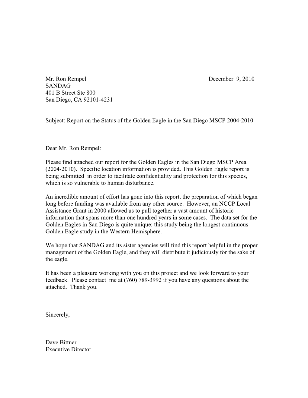 Mr. Ron Rempel December 9, 2010 SANDAG 401 B Street Ste 800 San Diego, CA 92101-4231