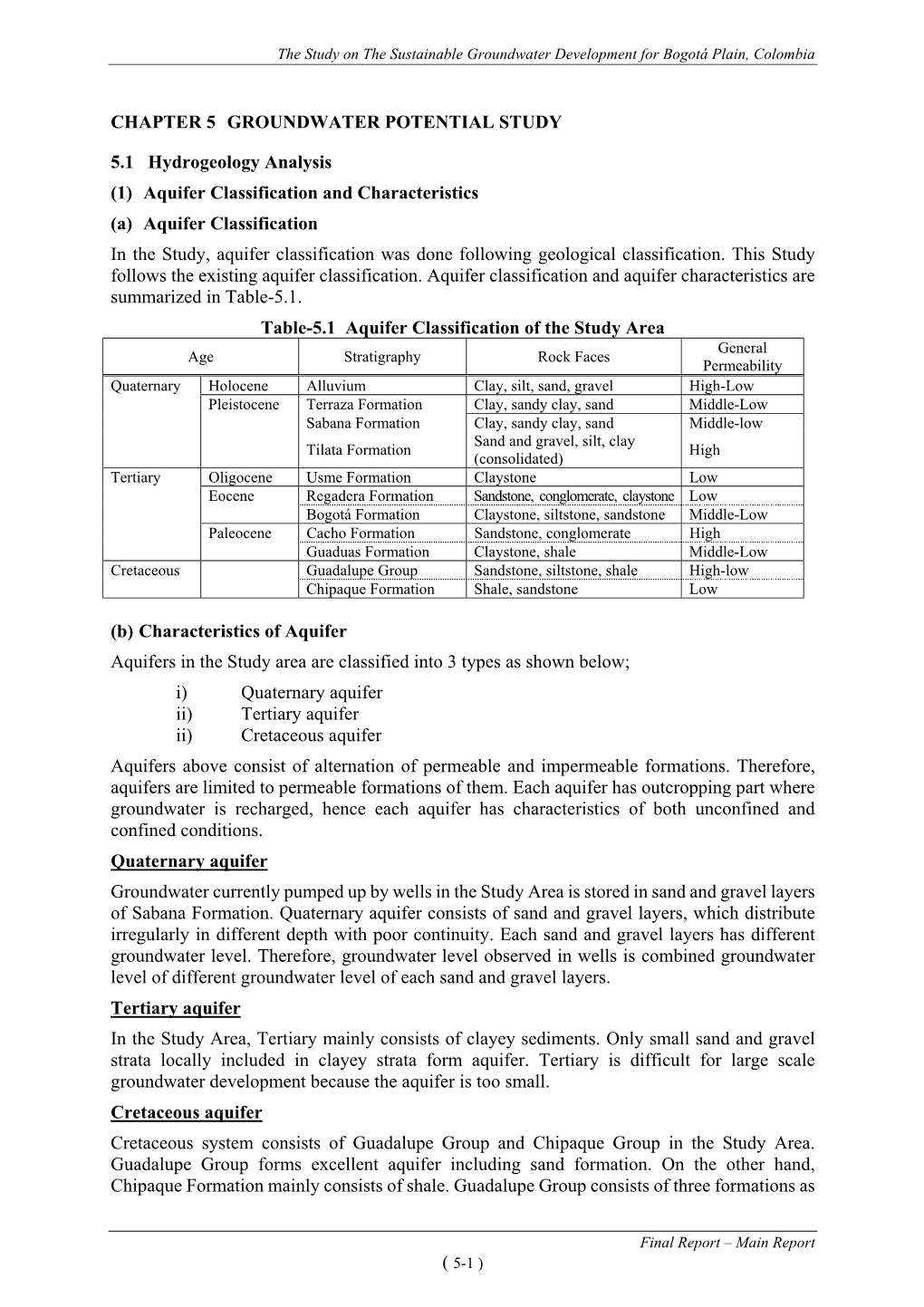 CHAPTER 5 GROUNDWATER POTENTIAL STUDY 5.1 Hydrogeology Analysis (1) Aquifer Classification and Characteristics (A) Aquif