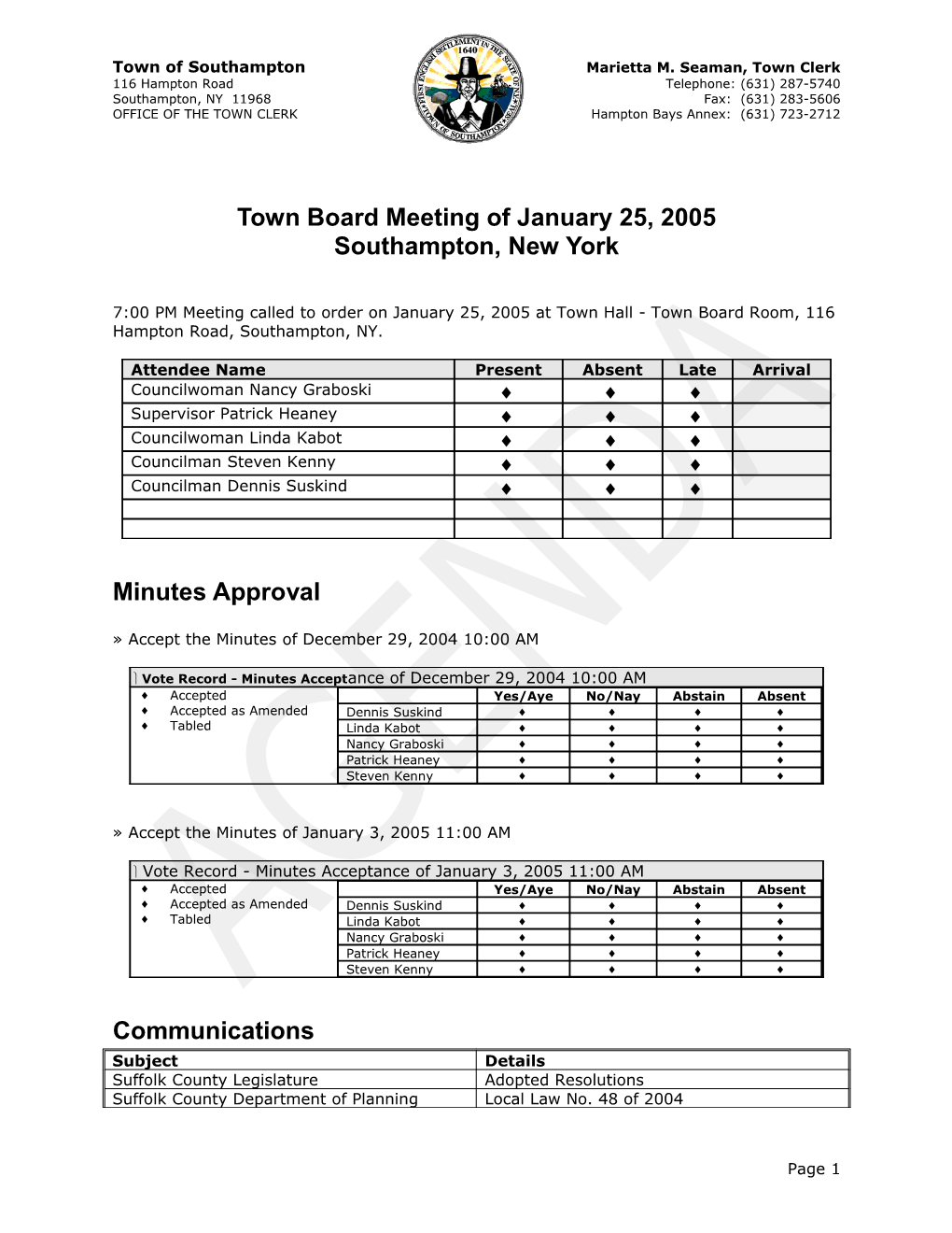 Town Board Meeting of January 25, 2005