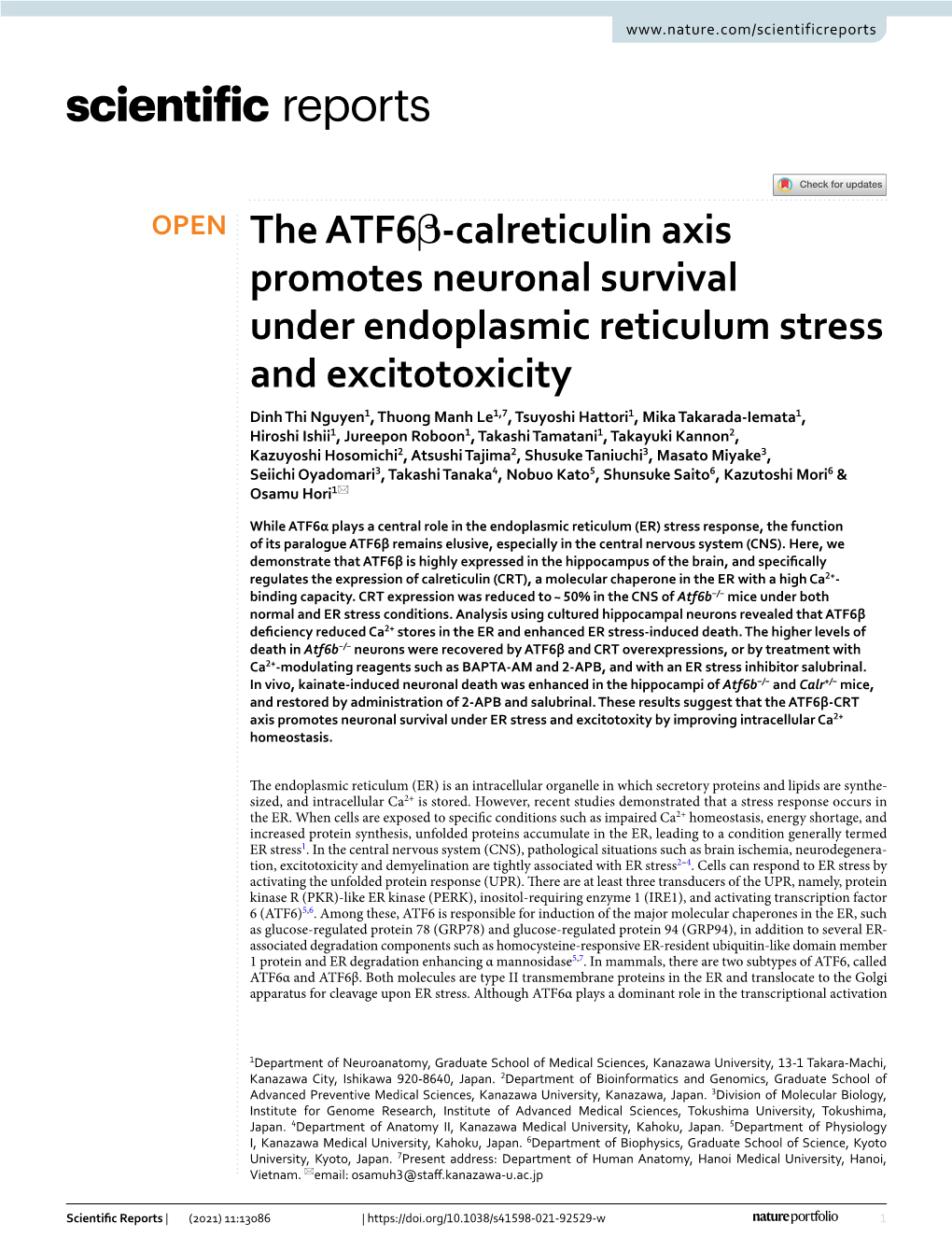 The Atf6β-Calreticulin Axis Promotes Neuronal Survival Under Endoplasmic Reticulum Stress and Excitotoxicity