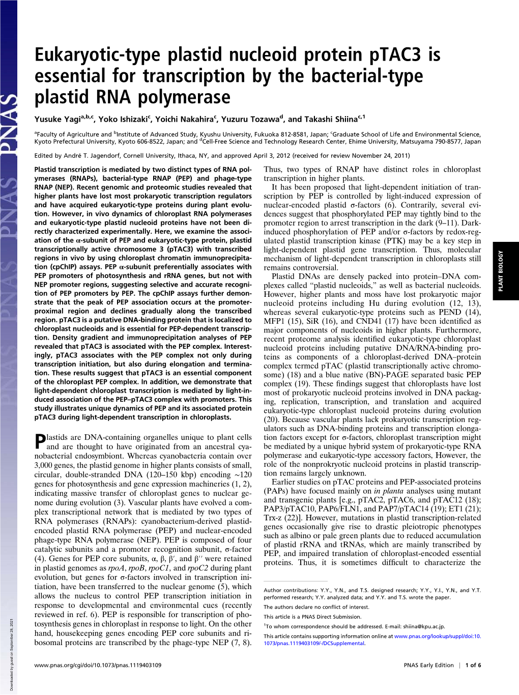 Eukaryotic-Type Plastid Nucleoid Protein Ptac3 Is Essential for Transcription by the Bacterial-Type Plastid RNA Polymerase