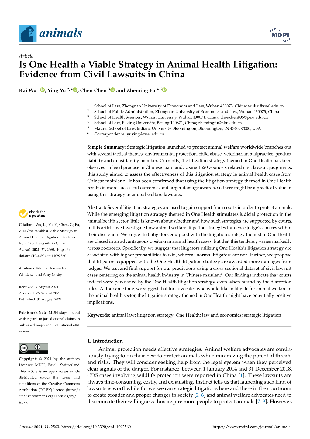 Is One Health a Viable Strategy in Animal Health Litigation: Evidence from Civil Lawsuits in China