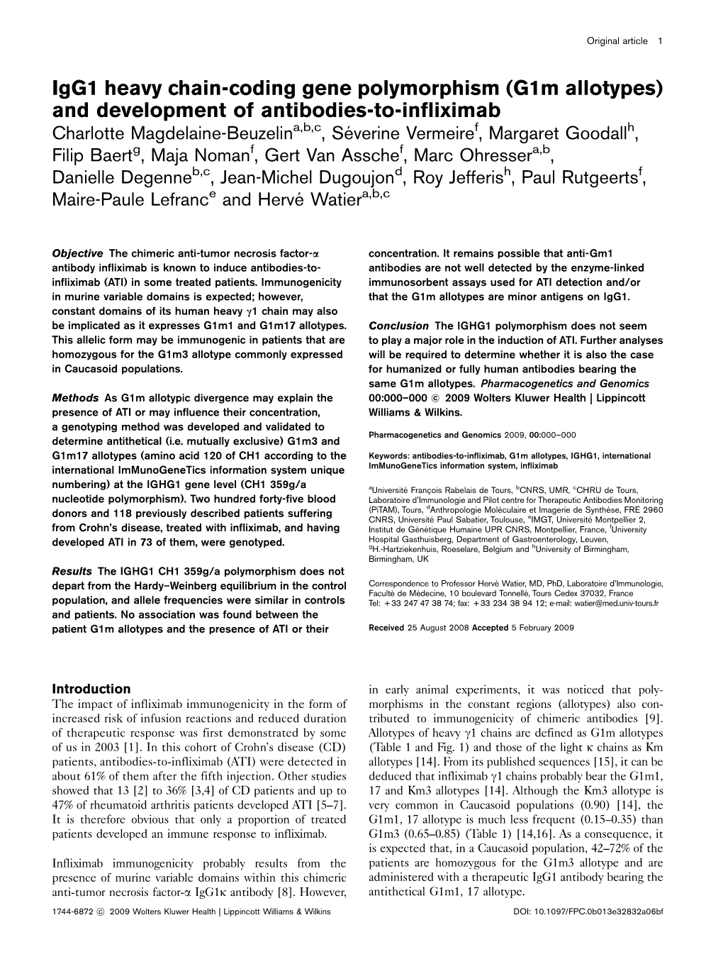 Igg1 Heavy Chain-Coding Gene Polymorphism (G1m Allotypes) and Development of Antibodies-To-Infliximab