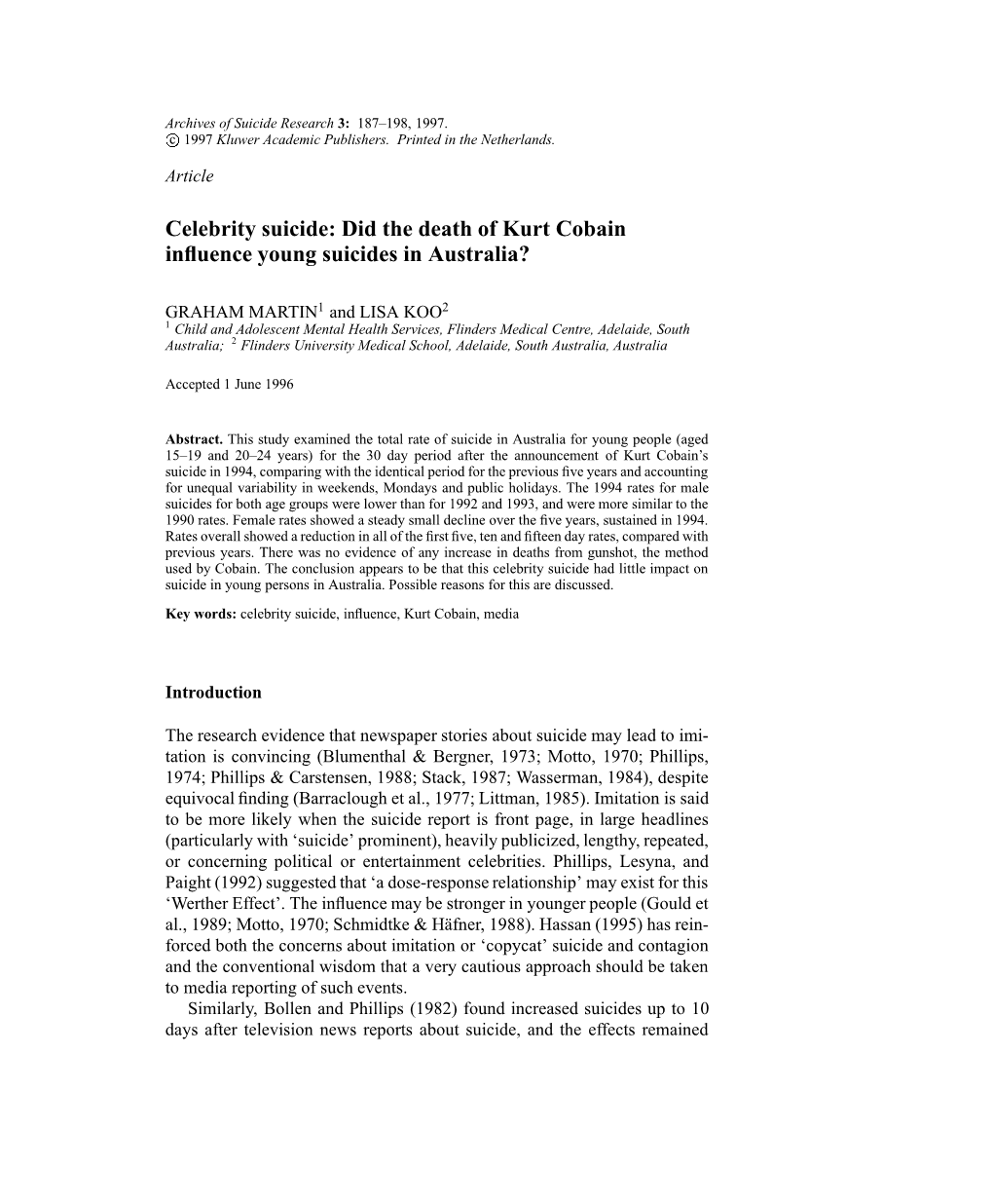 Did the Death of Kurt Cobain Influence Young Suicides in Australia?